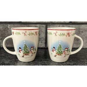 2 Christmas Tree Snowman Hot Chocolate Coffee Mugs China Red Band Holly Border
